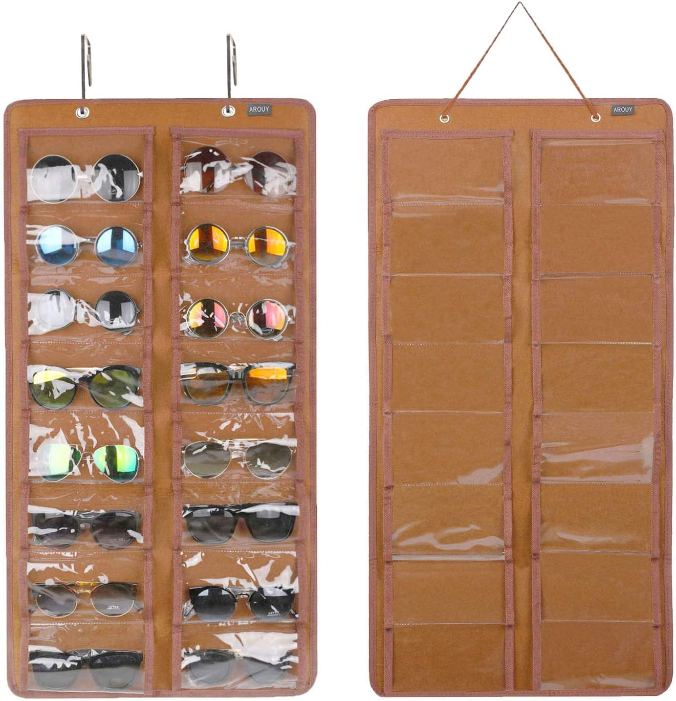 Sunglasses Organizer - Hanging Wall Pocket with 16 Felt Slots, Metal Hook and Sturdy Rope (Brown, Dust Proof)