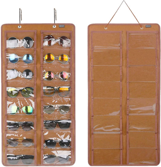 Sunglasses Organizer - Hanging Wall Pocket with 16 Felt Slots, Metal Hook and Sturdy Rope (Brown, Dust Proof)