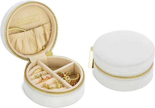 Velvet Travel Jewelry Box for Women – Compact round Zipper Case for Rings, Earrings & Necklaces – Small Portable Organizer & Giftable Storage – Pearl White