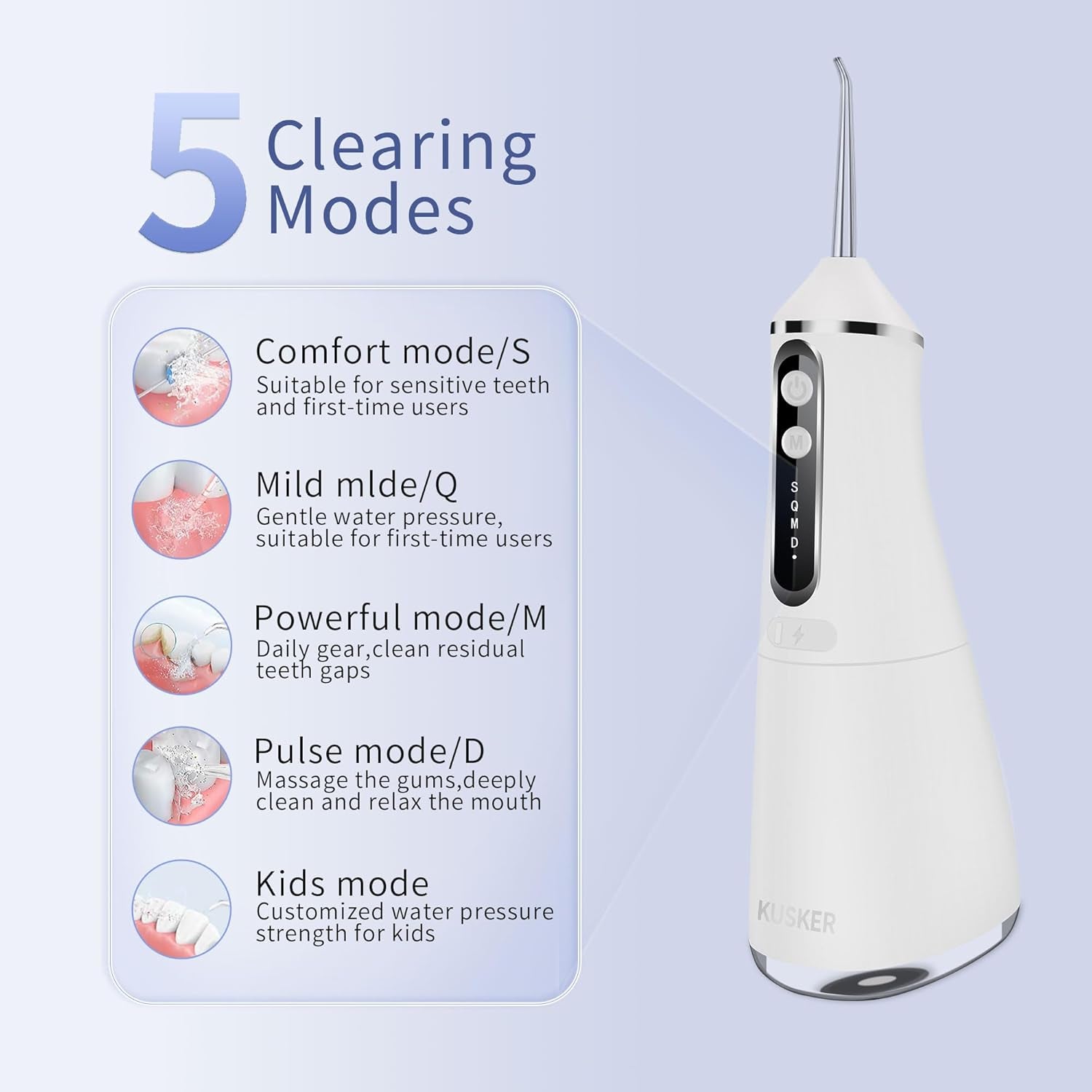 Water Dental Flosser Cordless,  500ML Portable Oral Irrigator for Teeth, 5 Modes and 4 Jet Tips, IPX7 Waterproof, Rechargeable for 30-Days Use, Home, Travel, Braces(White)