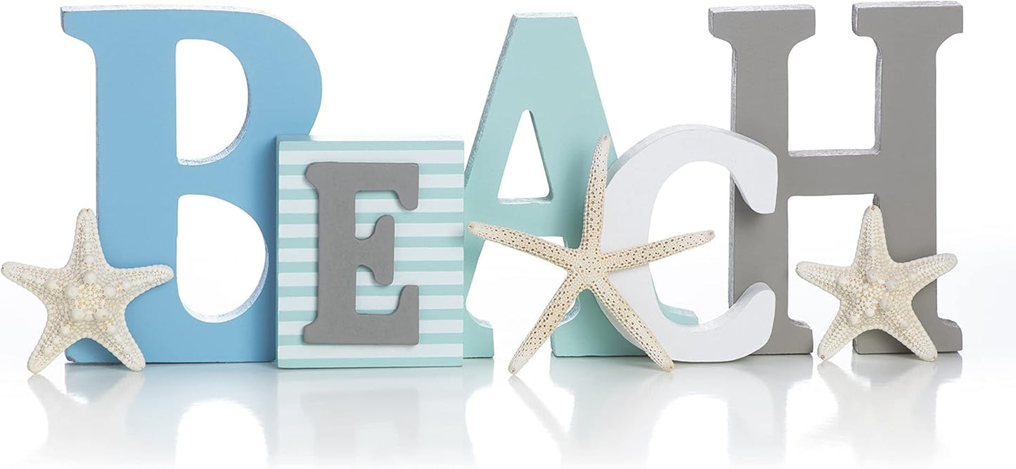 Wooden Beach Word Sign with Trio of Loose Starfish - Tropical Beach Home Decor