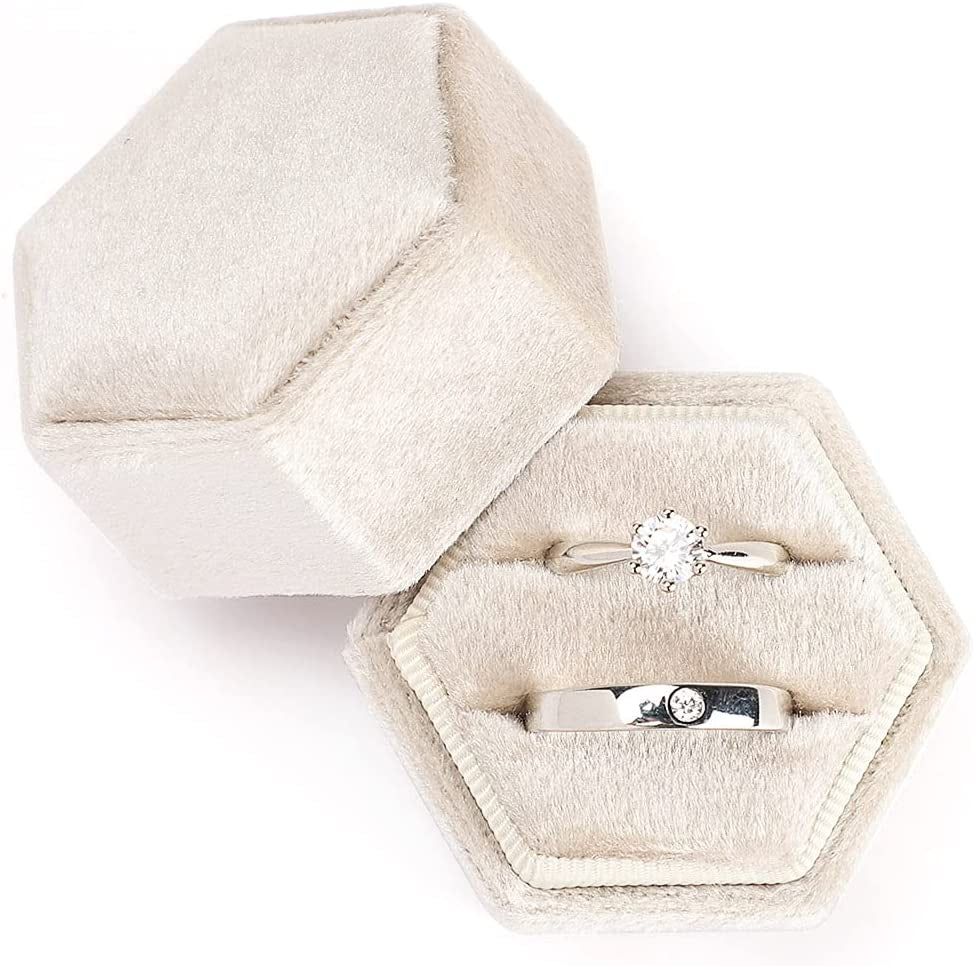 Velvet Jewelry Ring Box, Hexagon Premium Gorgeous Vintage Double Ring Gift Box with Detachable Lid for Proposal Engagement Wedding Ceremony(Beige)