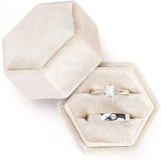 Velvet Jewelry Ring Box, Hexagon Premium Gorgeous Vintage Double Ring Gift Box with Detachable Lid for Proposal Engagement Wedding Ceremony(Beige)