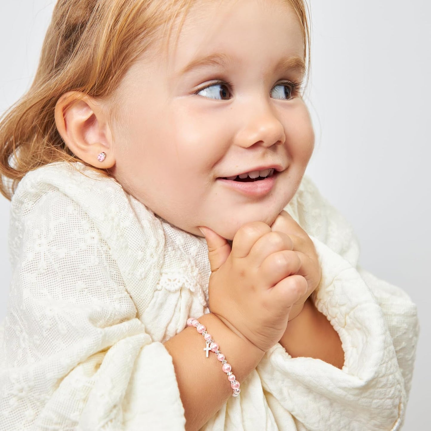 Sterling Silver Cross Charm Pearl Bracelets for Girls - Baptism Gifts for Girl with Rosaline, White Simulated Pearls, First Communion, Christening, Keepsake Girls Jewelry Birthday Gift