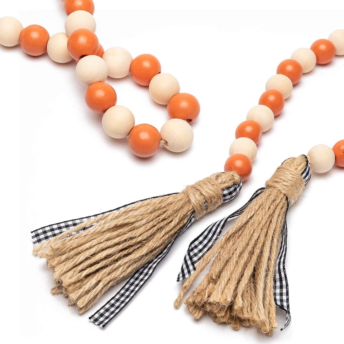 Wood Bead Tassel Garland, Farmhouse Rustic Bead with Jute Rope Plaid Tassel Tray Decoration Retro Room Decor Home String Prayer Wall Décor for Nursery Room Vase Ornament