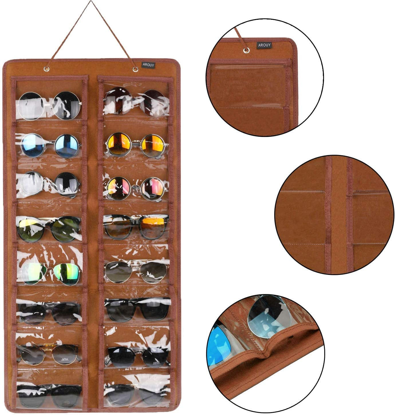 Sunglasses Organizer - Hanging Wall Pocket with 16 Felt Slots, Metal Hook and Sturdy Rope (Brown, Dust Proof)