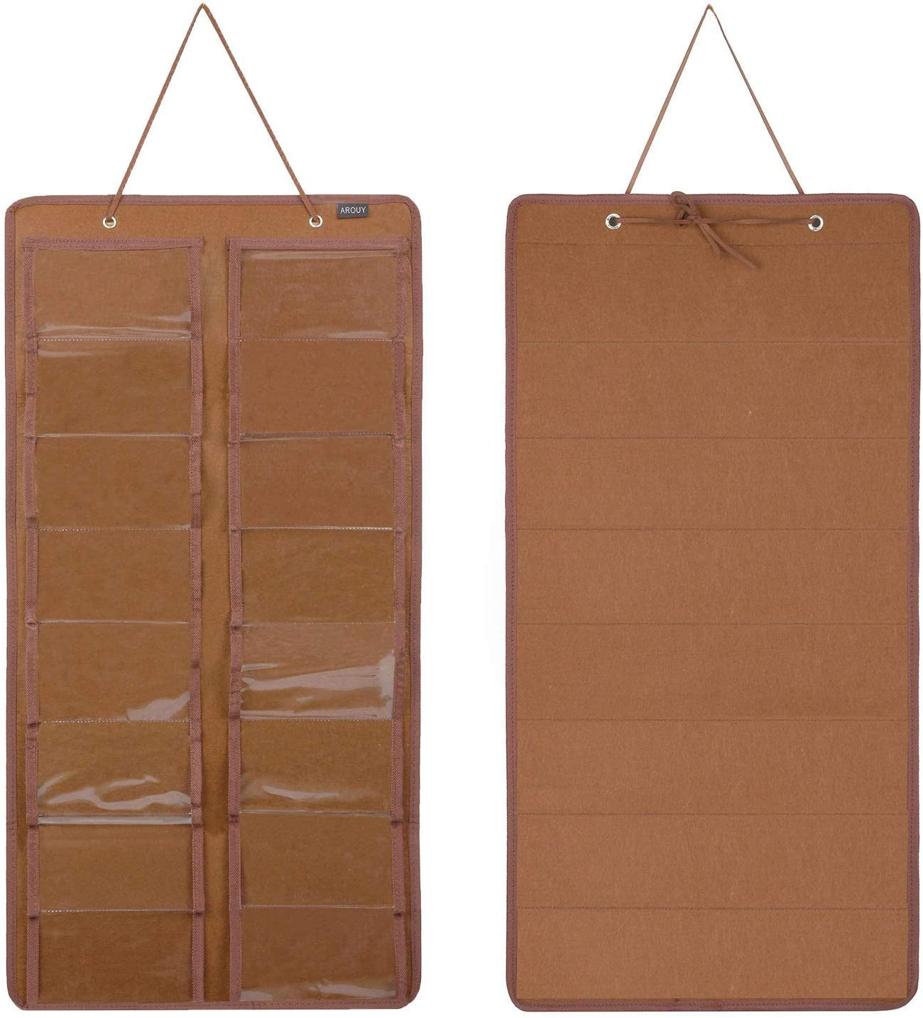 Sunglasses Organizer - Hanging Wall Pocket with 16 Felt Slots, Metal Hook and Sturdy Rope (Brown, Dust Proof)