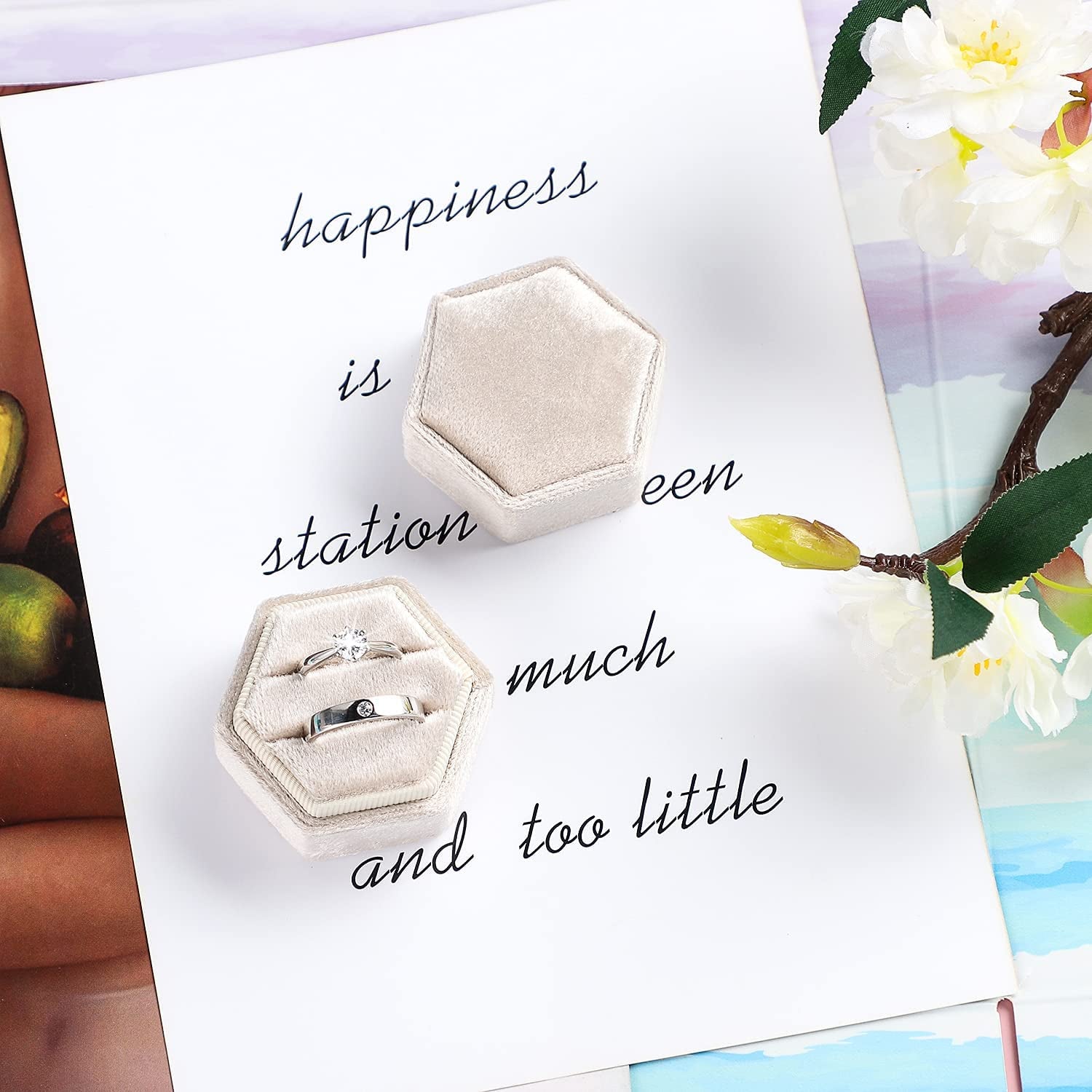 Velvet Jewelry Ring Box, Hexagon Premium Gorgeous Vintage Double Ring Gift Box with Detachable Lid for Proposal Engagement Wedding Ceremony(Beige)