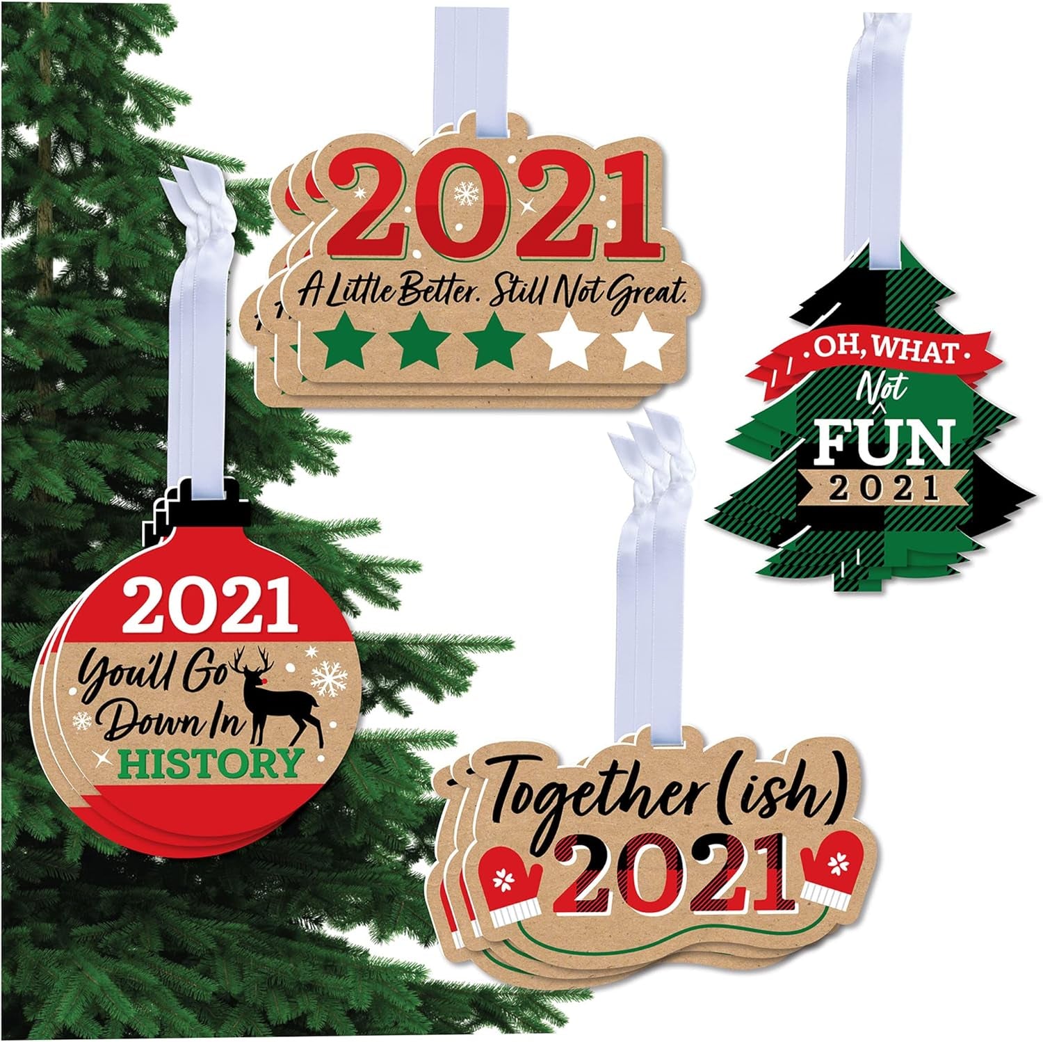 Together (Ish) 2021 - Funny Holiday Decorations - Christmas Tree Ornaments - Set of 12