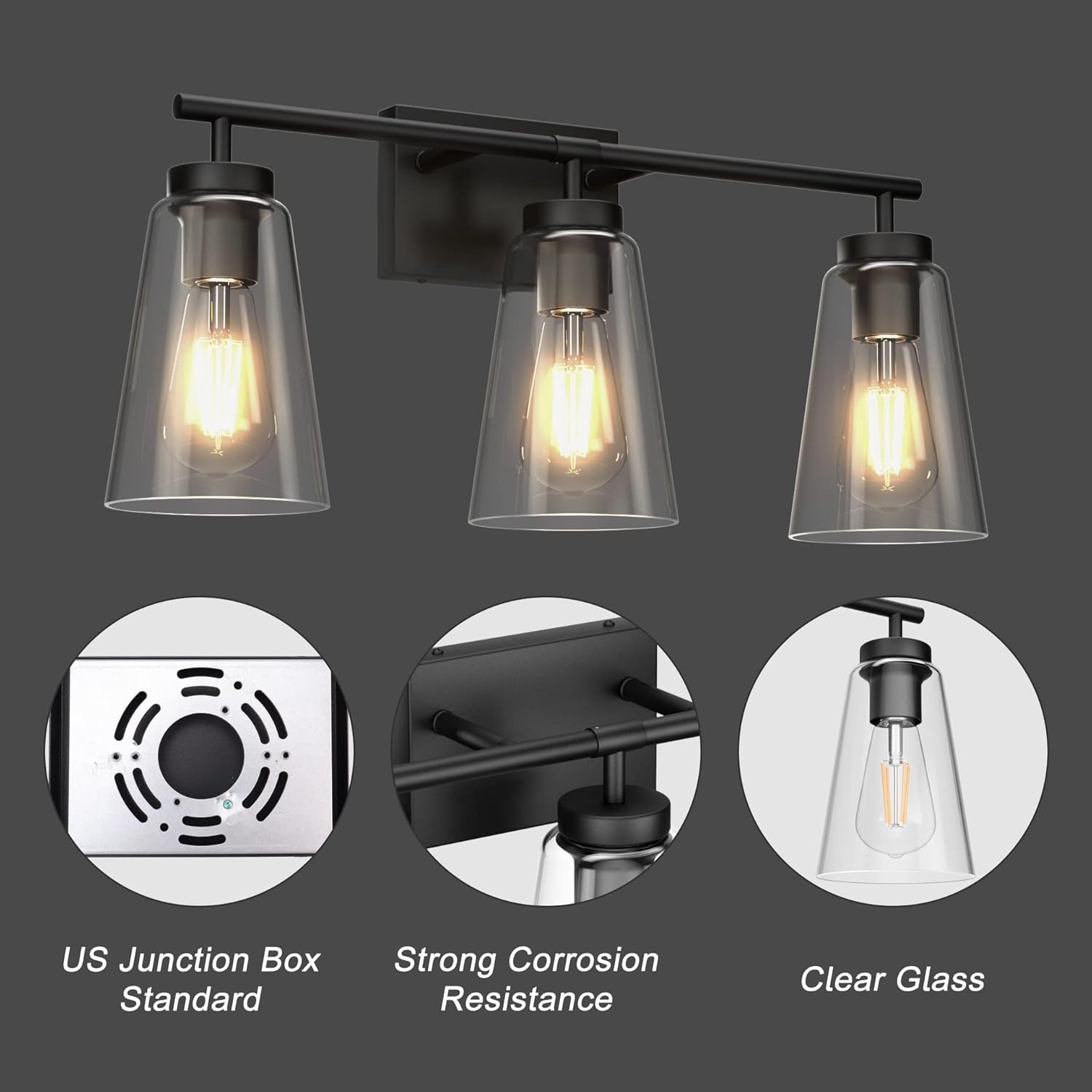 Black Vanity Light Farmhouse Bathroom Light Fixtures Clear Glass Shade 3 Lights Wall Light Fixtures(Exclude Bulb)