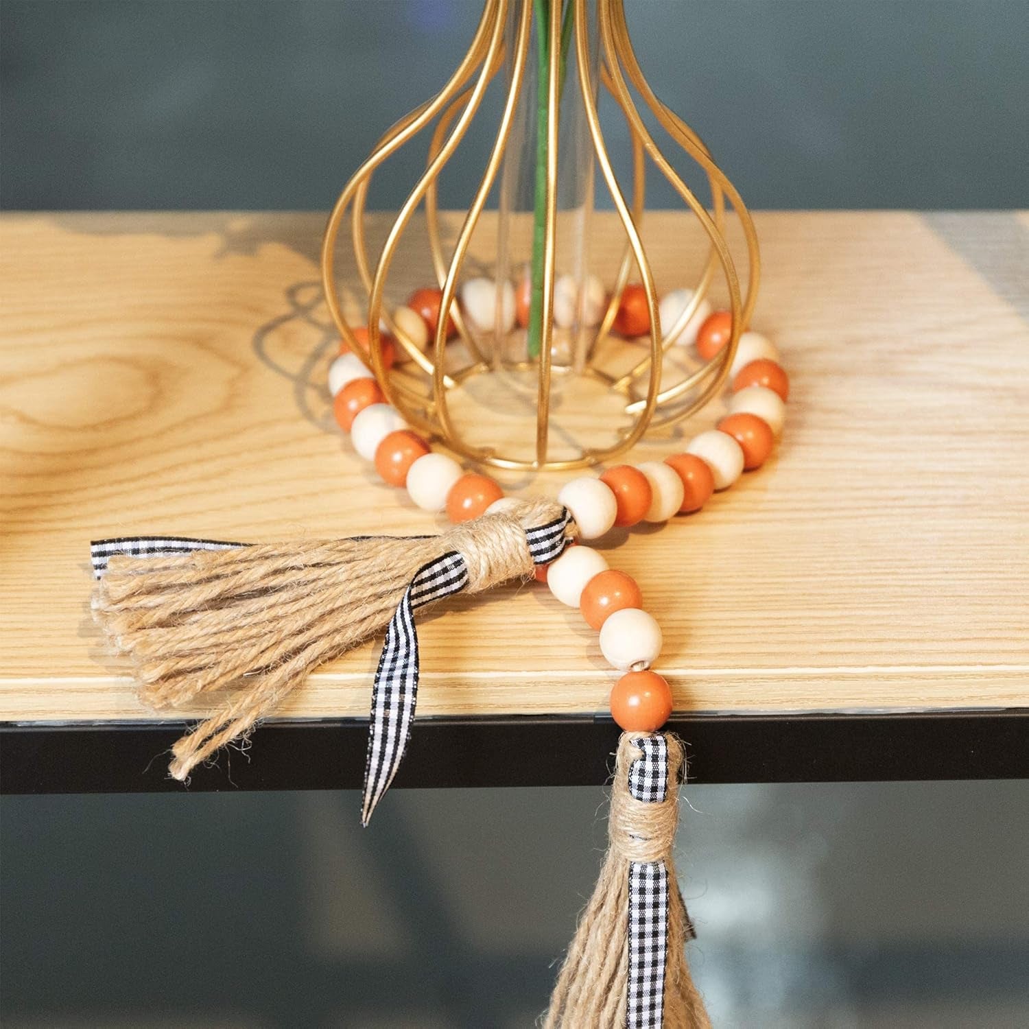Wood Bead Tassel Garland, Farmhouse Rustic Bead with Jute Rope Plaid Tassel Tray Decoration Retro Room Decor Home String Prayer Wall Décor for Nursery Room Vase Ornament