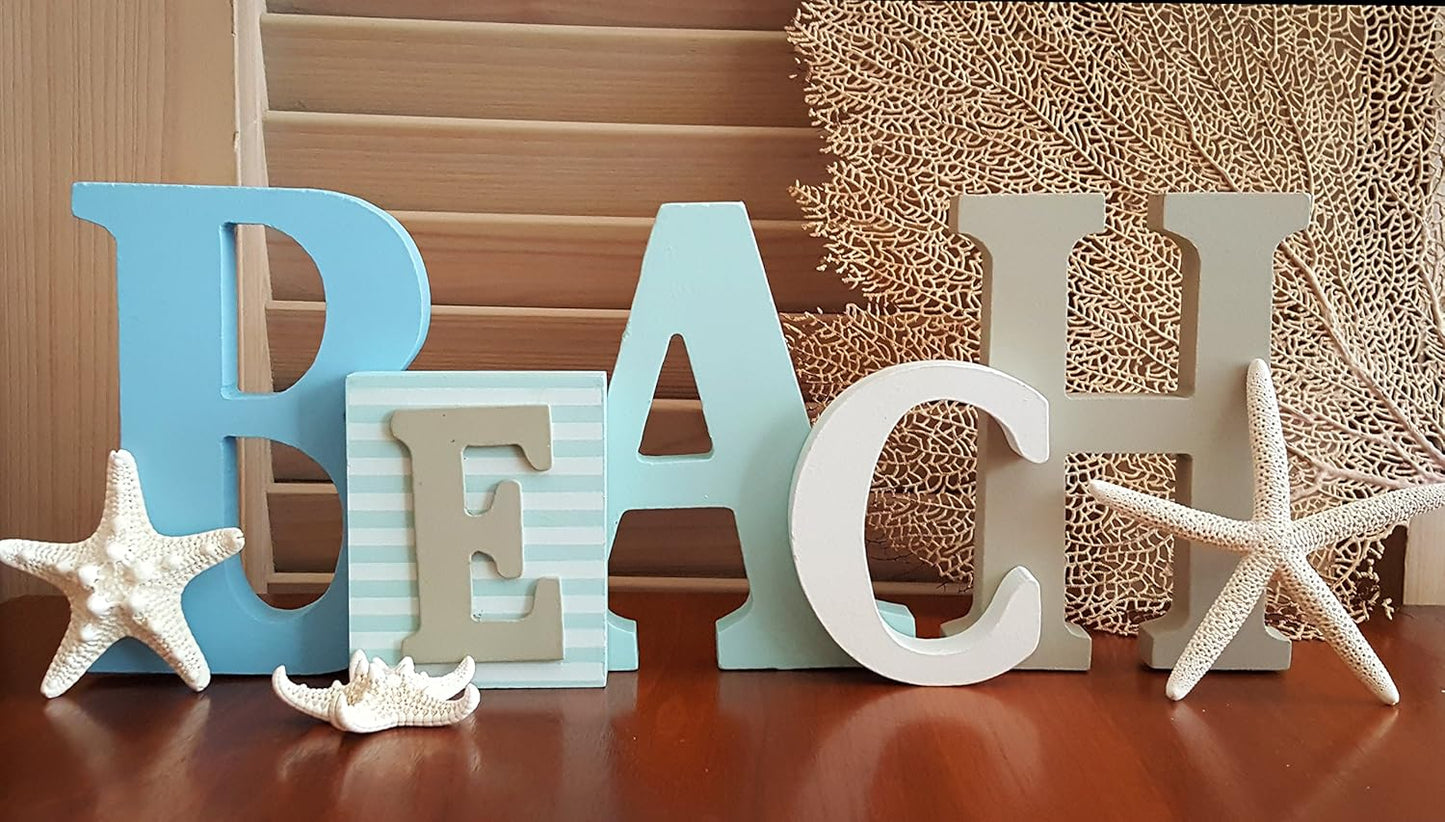 Wooden Beach Word Sign with Trio of Loose Starfish - Tropical Beach Home Decor