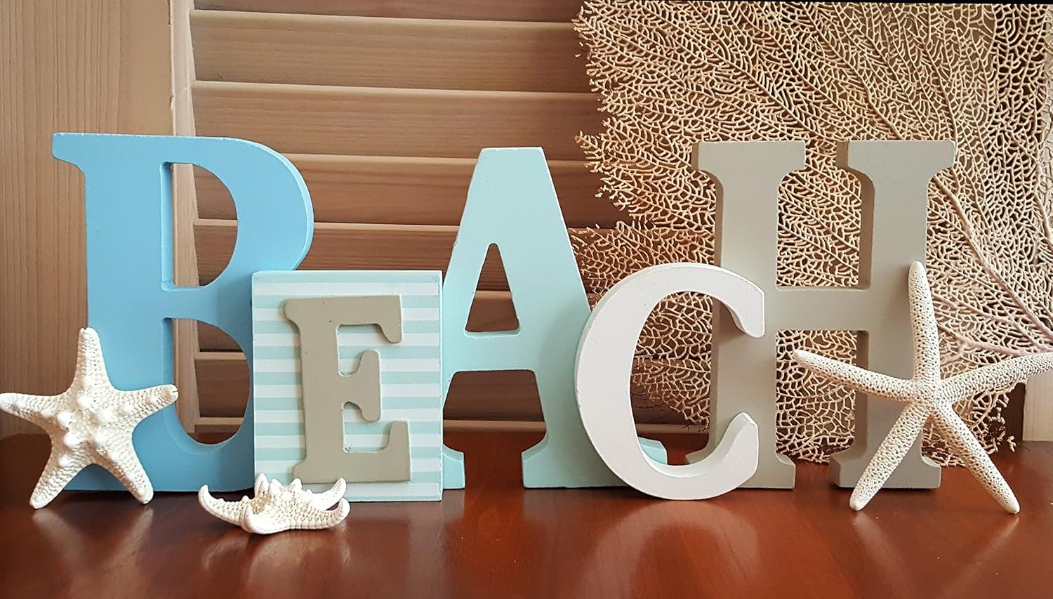 Wooden Beach Word Sign with Trio of Loose Starfish - Tropical Beach Home Decor