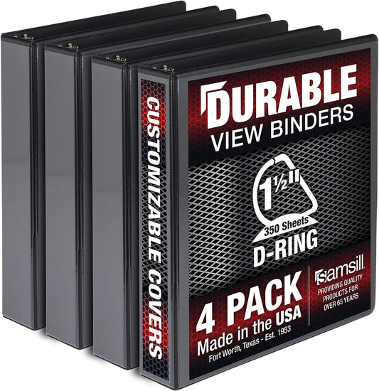 Durable 1.5 Inch 3 Ring Binder, Made in USA, D Ring Binder, FSC 100% Recycled Chipboard, Black, 4 Pack
