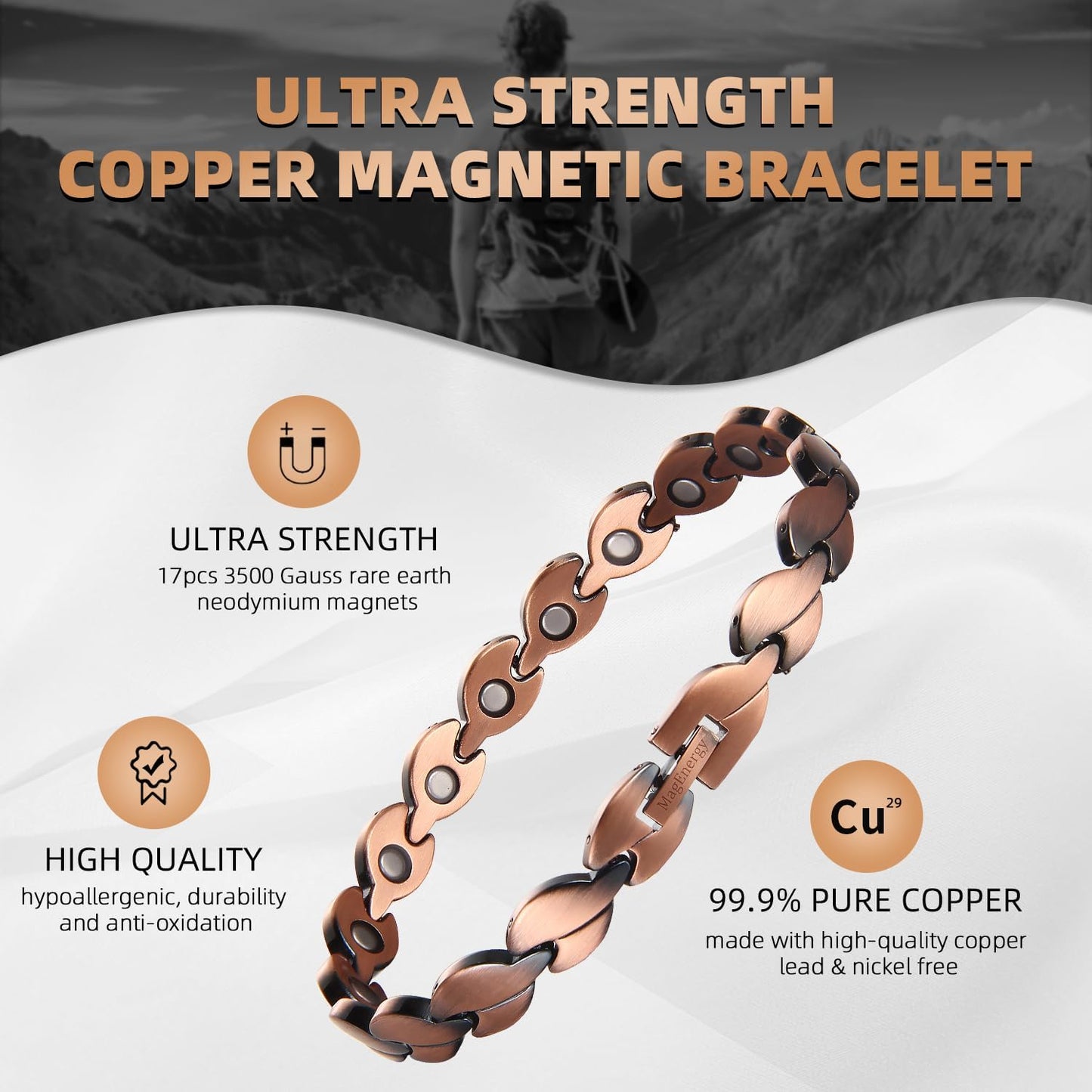 Copper Magnetic Bracelet for Women Links Adjustable Solid Pure Copper Valentine'S Day Gift for Her with Adjustment Tool Jewelry Gifts for Lover, Friends