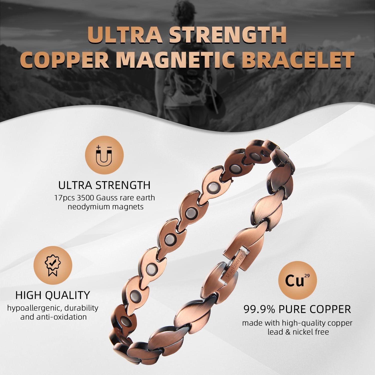Copper Magnetic Bracelet for Women Links Adjustable Solid Pure Copper Valentine'S Day Gift for Her with Adjustment Tool Jewelry Gifts for Lover, Friends