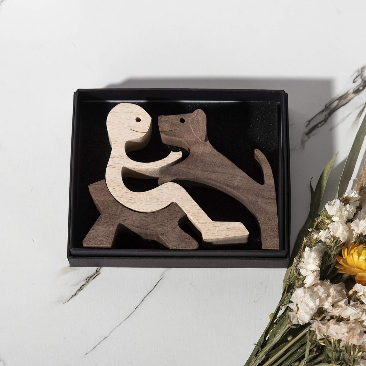 Wooden Dog Cat Family Statue, Handmade Wood Decoration, Cute Puppy, Kitty and People Statue Sculpture Ornament Collectible Figurine Craft Arts for Home, Office, Living Room (Men+Puppy（S）)