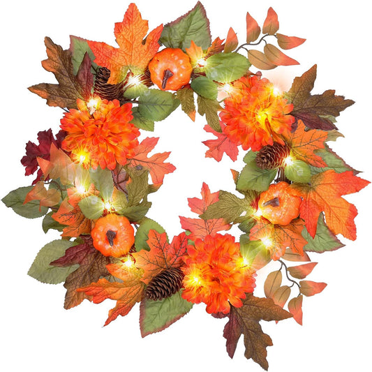 20 Inch Pre-Lit Fall Door Wreath with Timer, Fall Decor Lighted Thanksgiving Autumn Front Door Wreath with 20 LED Light, Fall Porch Decor for Autumn & Halloween & Thanksgiving Day (Orange)