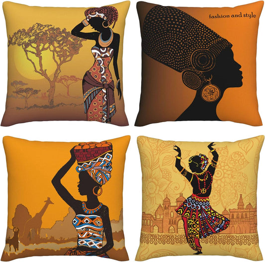 Pmzrao African American Women Throw Pillow Covers 18X18 Inchestribe Lady Decorative Deco Square Pillow Cases for Outdoor Patio Living Room Sofa Bed Couch Home Decor Set of 4 Linen