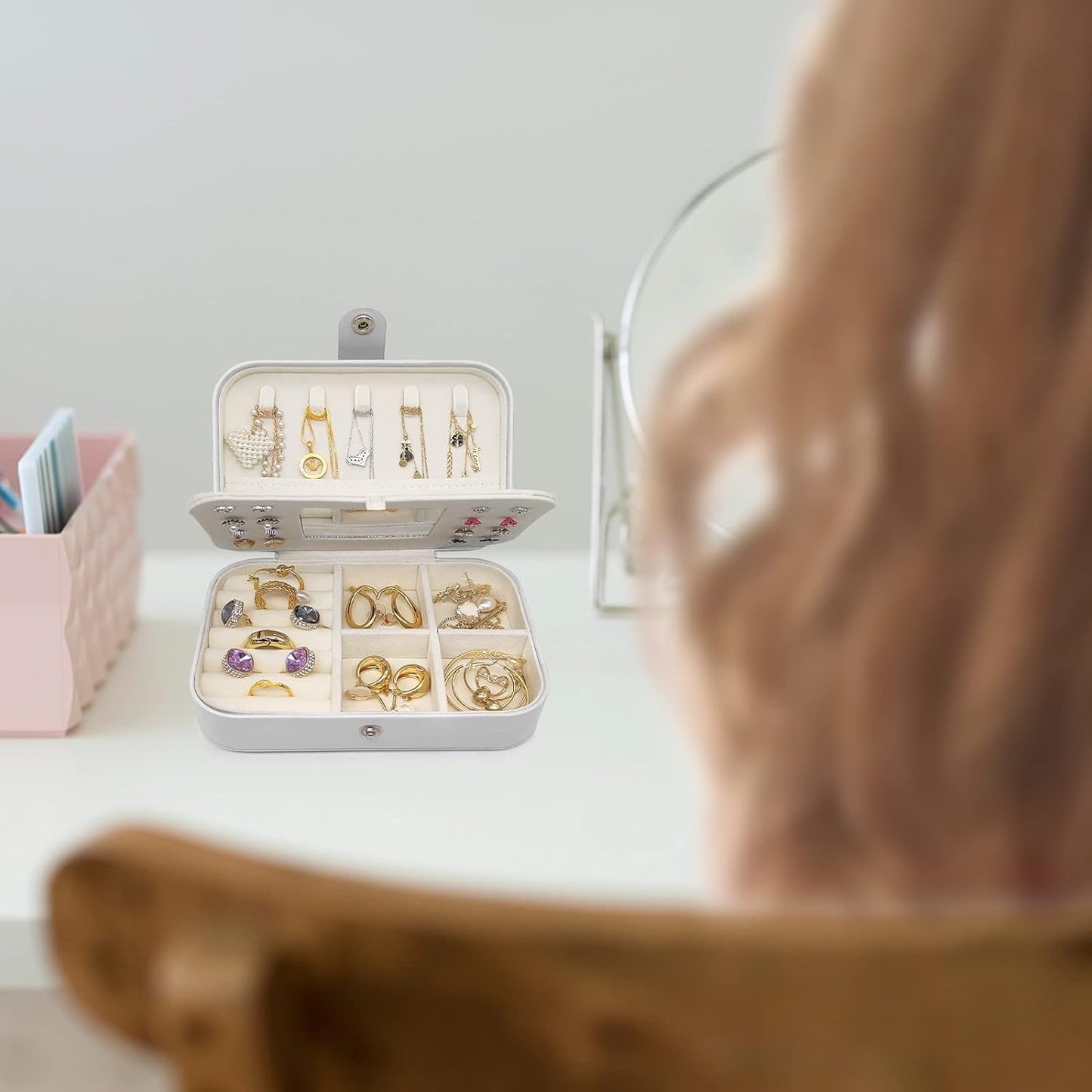 Small Jewelry Box - Mini Jewelry Box - Women Travel Jewelry Case, Portable Small Jewelry Organizer for Rings Earrings Necklace, Gifts for Girls Women (White)