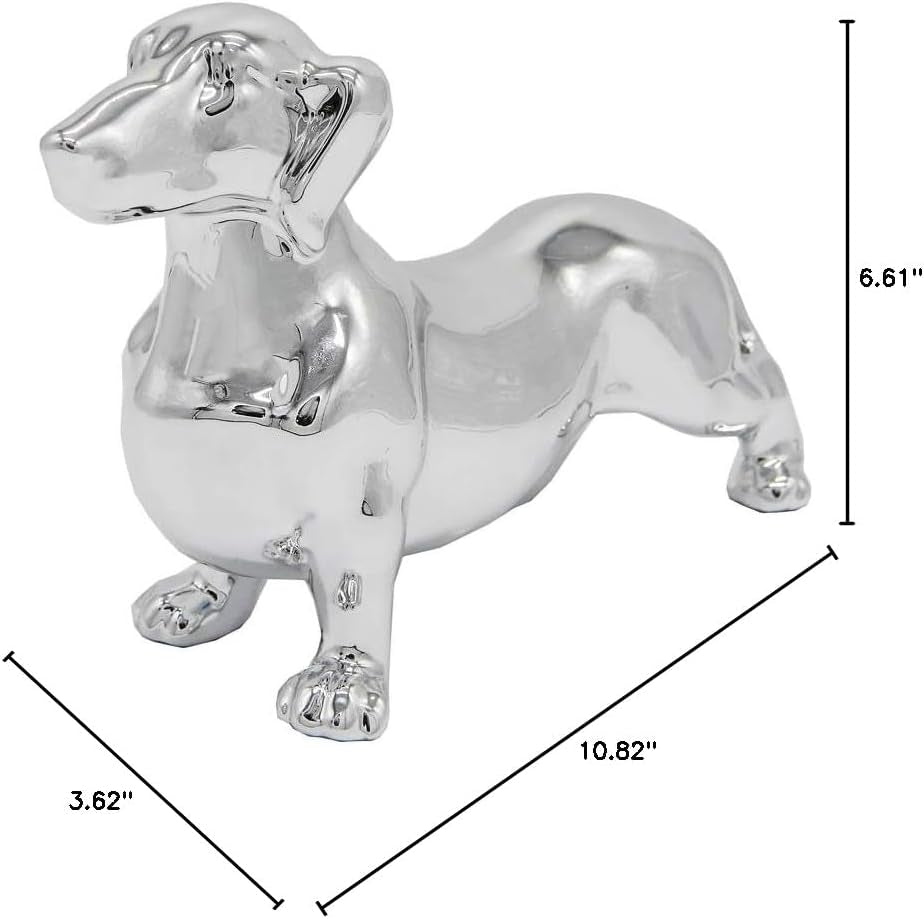 Dachshund Dog Statue - Metallic Silver Standing Ceramic Dachshund Dog Sculpture - Decorative Garden or Home Decor - (10.82' X 3.62' X 6.61')
