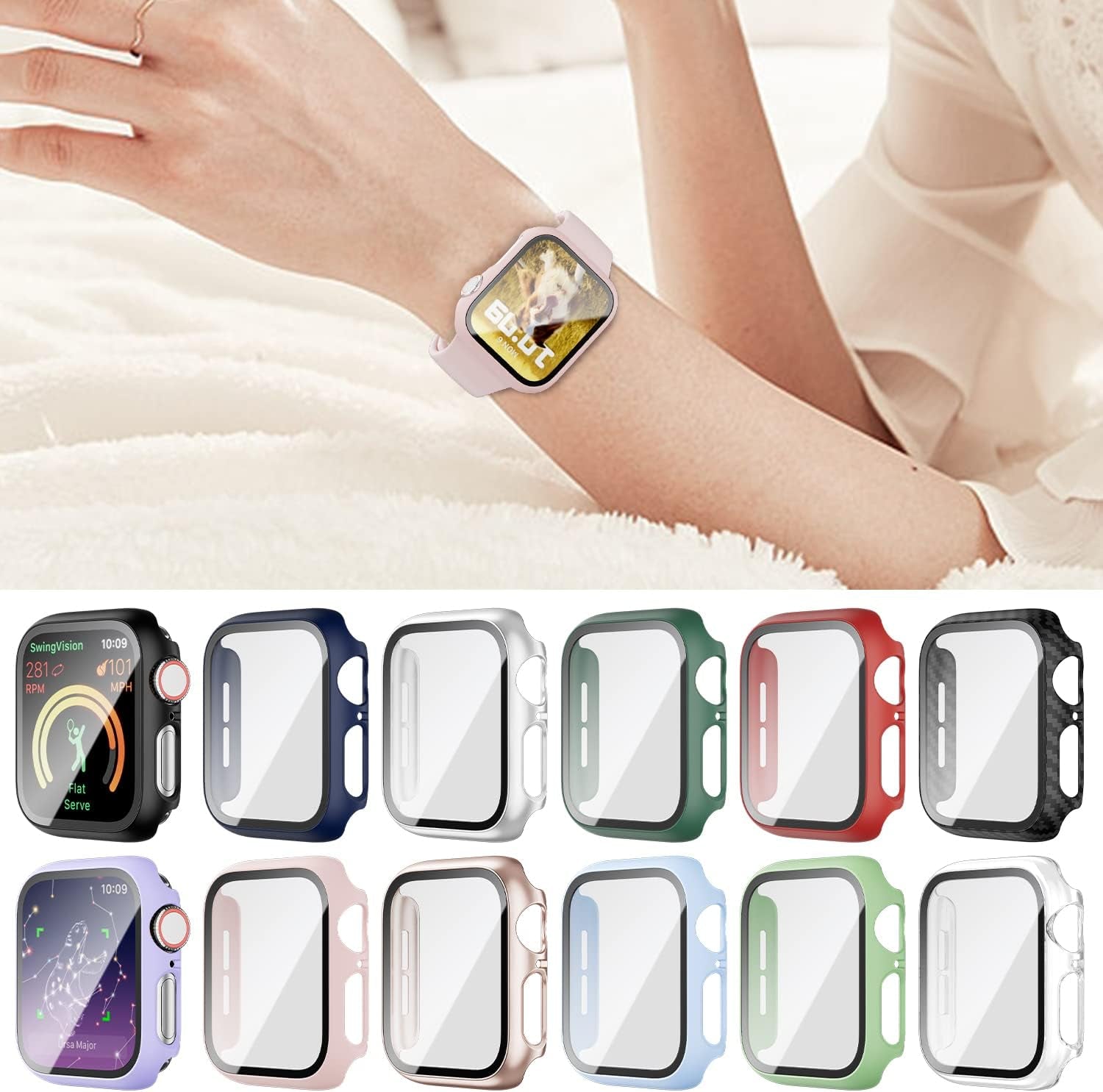12 Pack Case for Apple Watch 38Mm Series 3/2/1 with Tempered Glass Screen Protector,  Full Hard PC Ultra-Thin Scratch Resistant Bumper HD Protective Cover for Iwatch Accessories