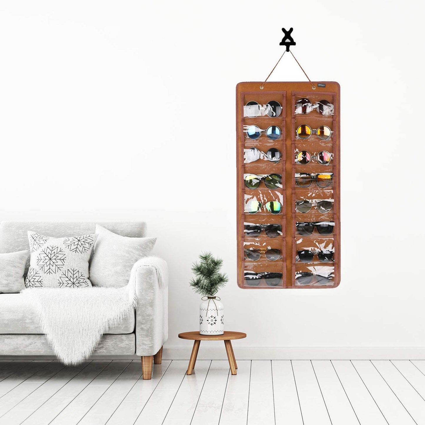 Sunglasses Organizer - Hanging Wall Pocket with 16 Felt Slots, Metal Hook and Sturdy Rope (Brown, Dust Proof)