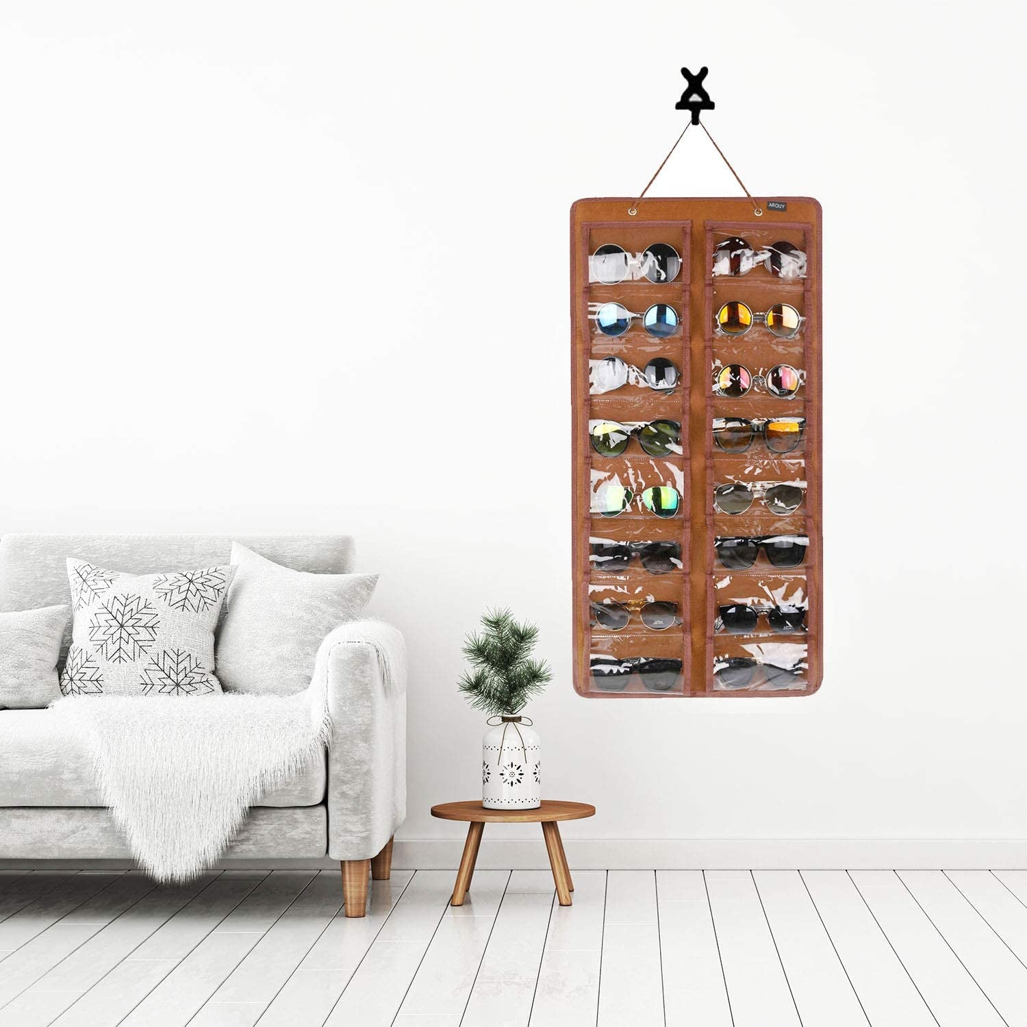 Sunglasses Organizer - Hanging Wall Pocket with 16 Felt Slots, Metal Hook and Sturdy Rope (Brown, Dust Proof)