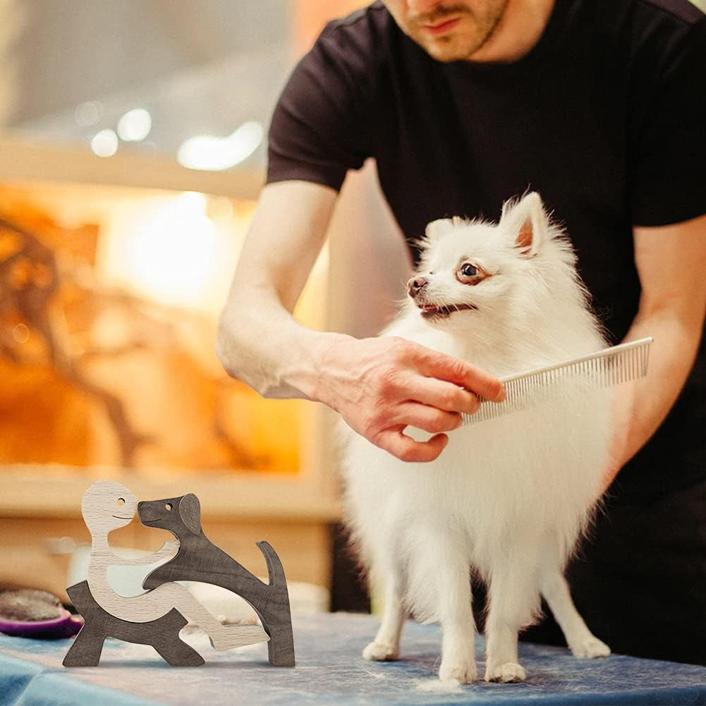 Wooden Dog Cat Family Statue, Handmade Wood Decoration, Cute Puppy, Kitty and People Statue Sculpture Ornament Collectible Figurine Craft Arts for Home, Office, Living Room (Men+Puppy（S）)